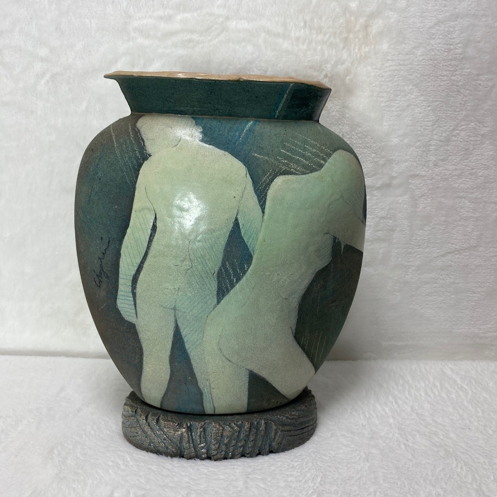 Unique Pottery Ceramic Signed Vase Abstract Design‎ Nude Couple Textured Base
